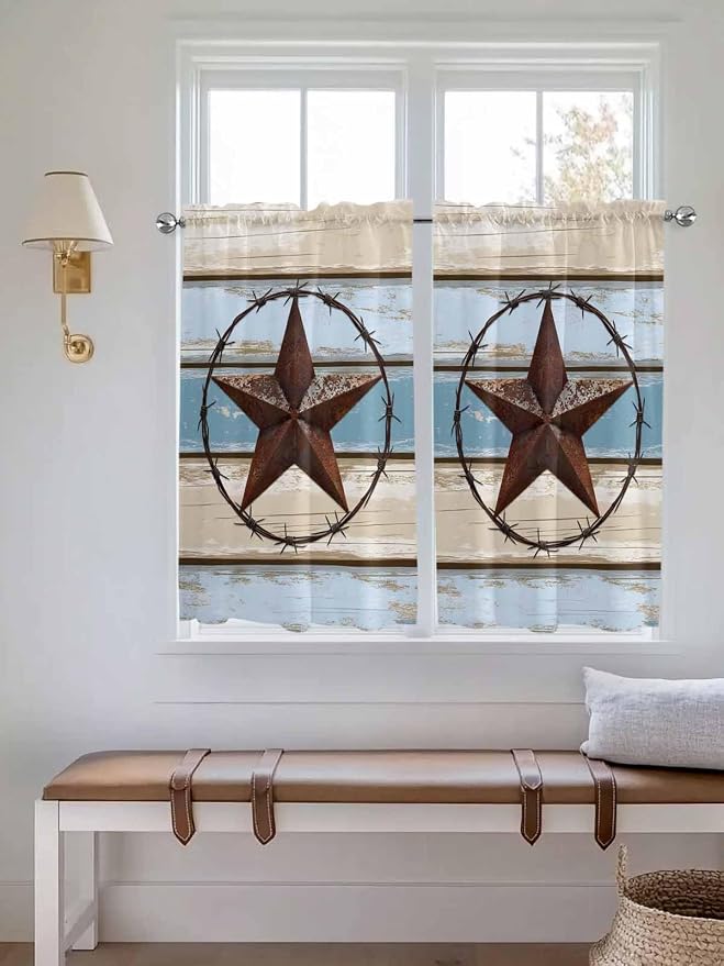 Vintage Western Star on Wood Grain Window Valance Curtains, Retro Wooden by IDOWMAT