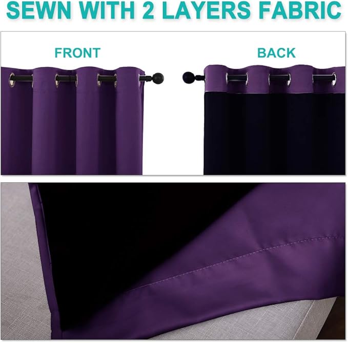 NICETOWN Extra Long Truly Blackout Drapes for Hall and Villa, 46-inch Width Each Panel, 45-inch Length, Royal Purple, 2 Pieces, 100% Blackout Window Curtains with Black Lined for Night Shift Worker
