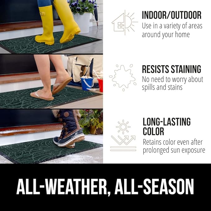 GORILLA GRIP 100% Waterproof All-Season WeatherMAX Doormat US Designed Natural Rubber, Stain and Fade Resistant, Low Profile Indoor Outdoor Door Mats, Easy Clean Patio Mat, 29x17, Green Palm