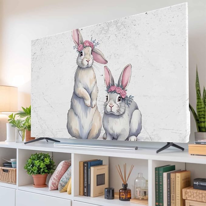 Watercolor Easter Bunnies Indoor TV Cover, Elastic TV Screen Protector Retro - Image 6