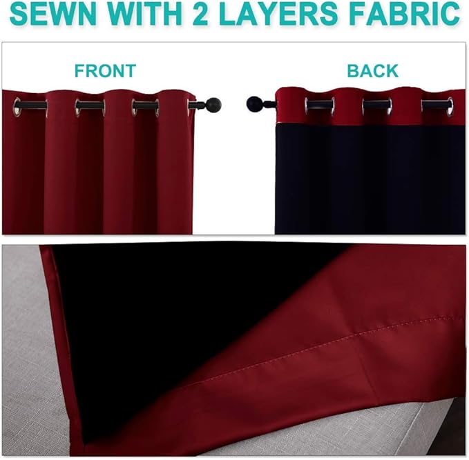 NICETOWN 100% Blackout Cold Blocking Curtain Panels, Thermal Insulated Curtains, Noise Reducing Drapes for Thanksgiving Day Window Decor (Set of 2, Burgundy Red, 55 inches Wide by 68 inches Long)