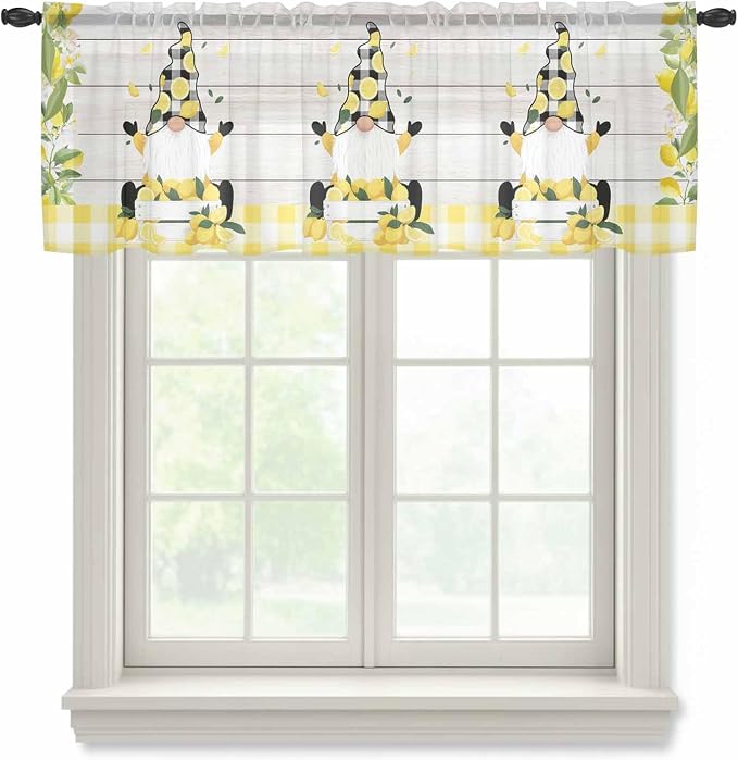 Lemon Dwarfs Sheer Valance Curtains, Gnome Green Leaf Wood Striped Black Plaid by Houseown