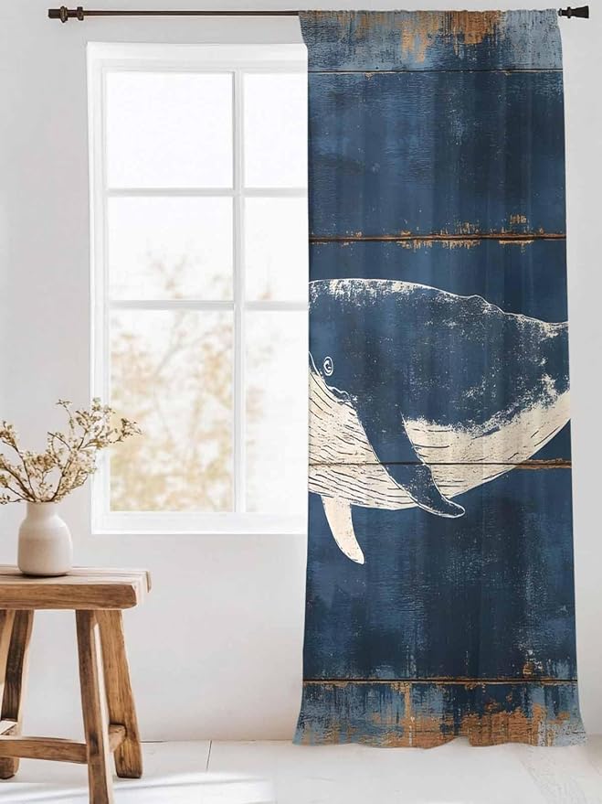 Sheer Curtains 108 Inches Long, Summer Whale Blue Semi Sheer Curtains Light - Image 3