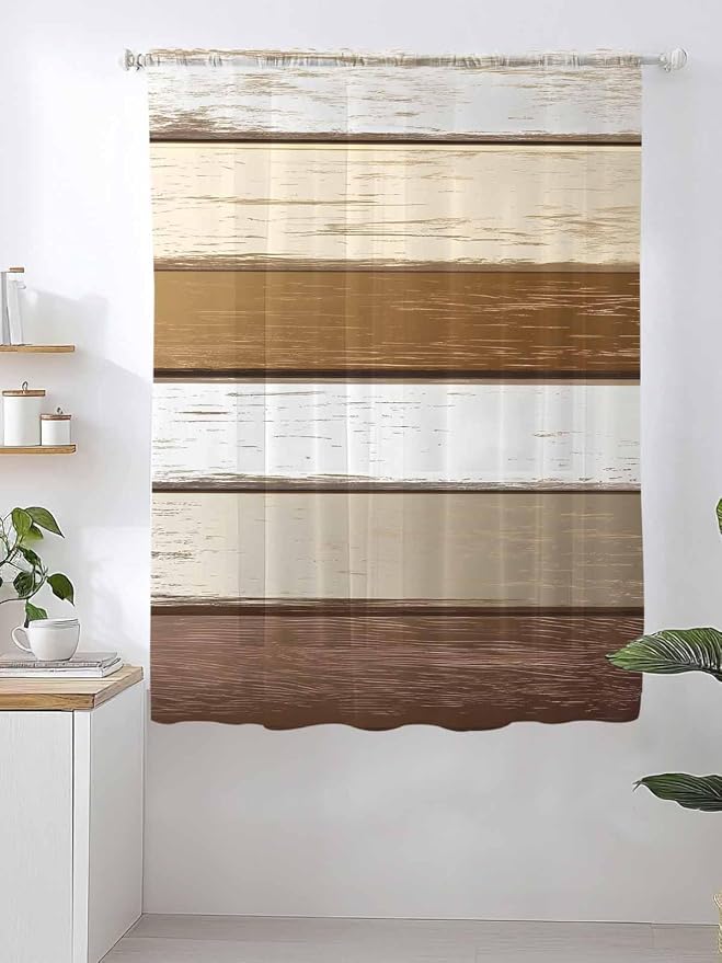 Sheer Curtains 72 Inches Long, Vintage Geometric Brown Semi Sheer Curtains - Image 2