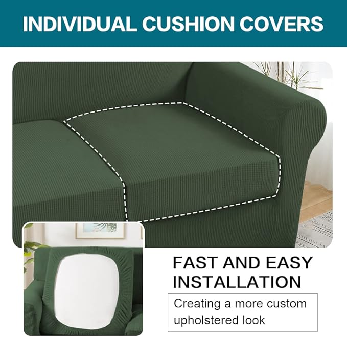 Turquoize 3 Piece Sofa Covers for 2 Cushion Couch Sofa Slipcover Soft Couch Cover for Dogs-Washable Sofa Furniture Covers with 2 Individual Cushion Covers, Feature Fabric (2 Cushion Sofa,Bronze Green)
