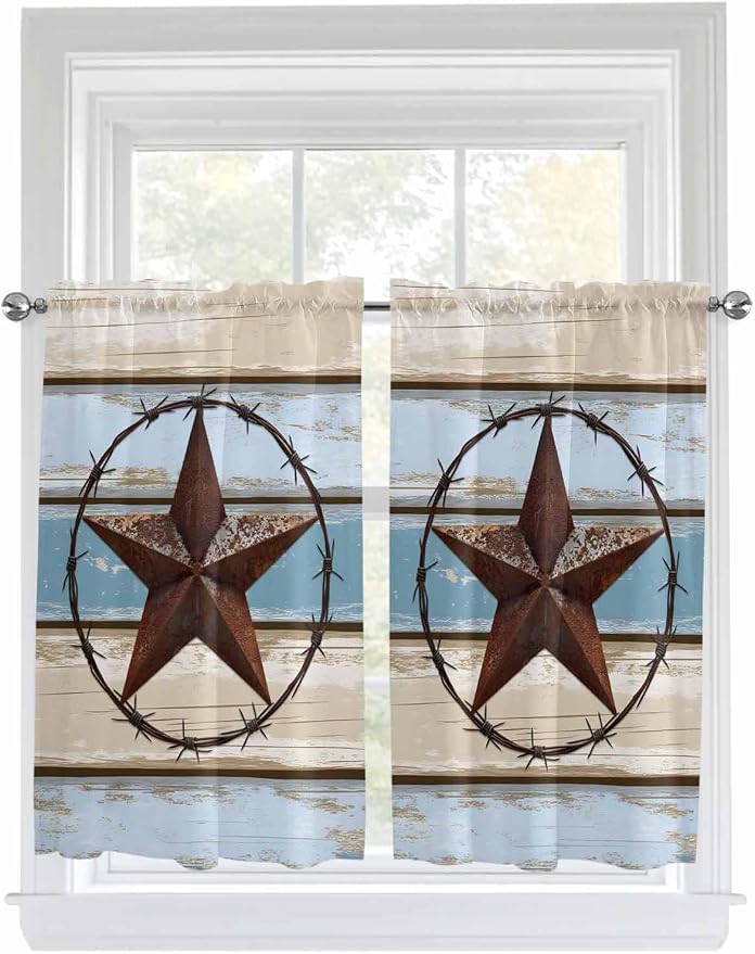 Vintage Western Star on Wood Grain Window Valance Curtains, Retro Wooden - Image 9