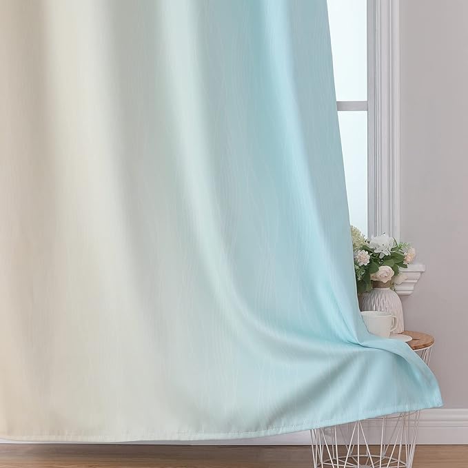 Estelar Textiler Beige and Aqua Ombre Blackout Curtains 90 Inch Length 2 Panels Set, Thermal Insulated Drapes for Bedroom, Full Room Darkening Grommet Gradient Curtains for Living Room,52Wx90L