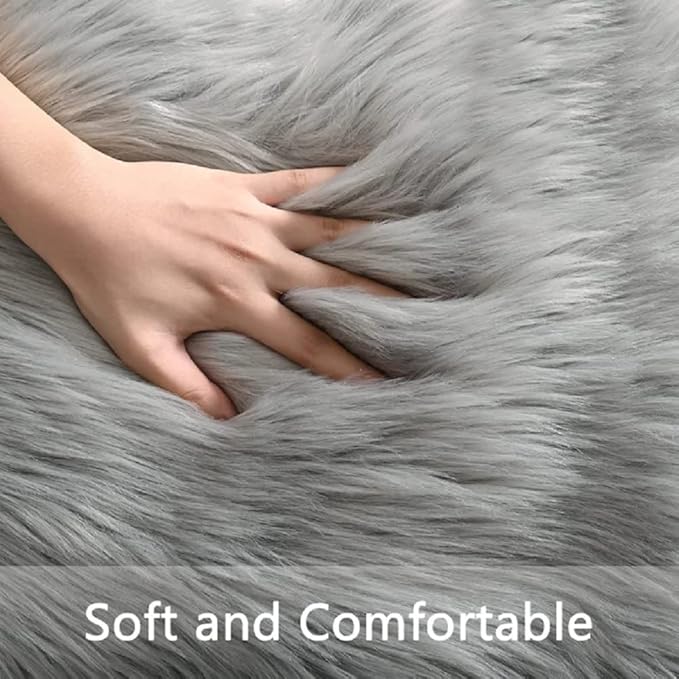 ORINOVA Silver Grey Plush Faux Sheepskin Fur Area Rugs for Bedroom Nursery Washable Shag Rug 4x6 Rectangle Rug