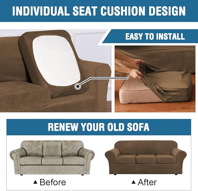 H.VERSAILTEX High Stretch Sofa Slipcover 4 Piece Cover Velvet Furniture Protector Form Fit Thick Velvet Extra Large Sofa Cover for 3 Cushion Couch Width Up to 97 Inch (Large Sofa, Bronze Brown)