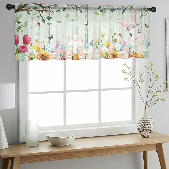 Easter Sheer Valances for Windows 60"x18", Light Filtering Kitchen Curtains - Image 2