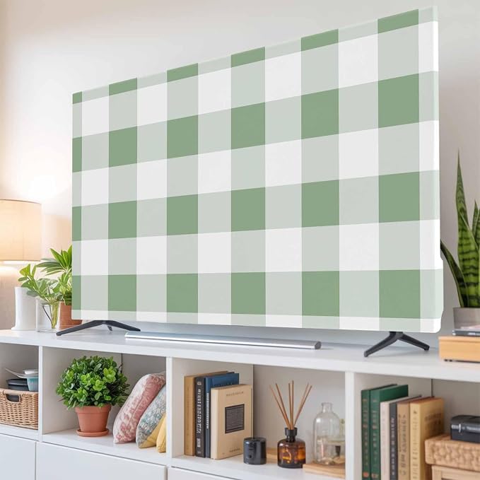 Classic Sage Green White Lattice Indoor TV Cover, Elastic TV Screen Protector - Image 6