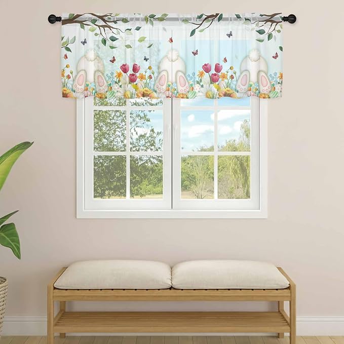 Easter Sheer Valances for Windows 60"x18", Light Filtering Kitchen Curtains - Image 4