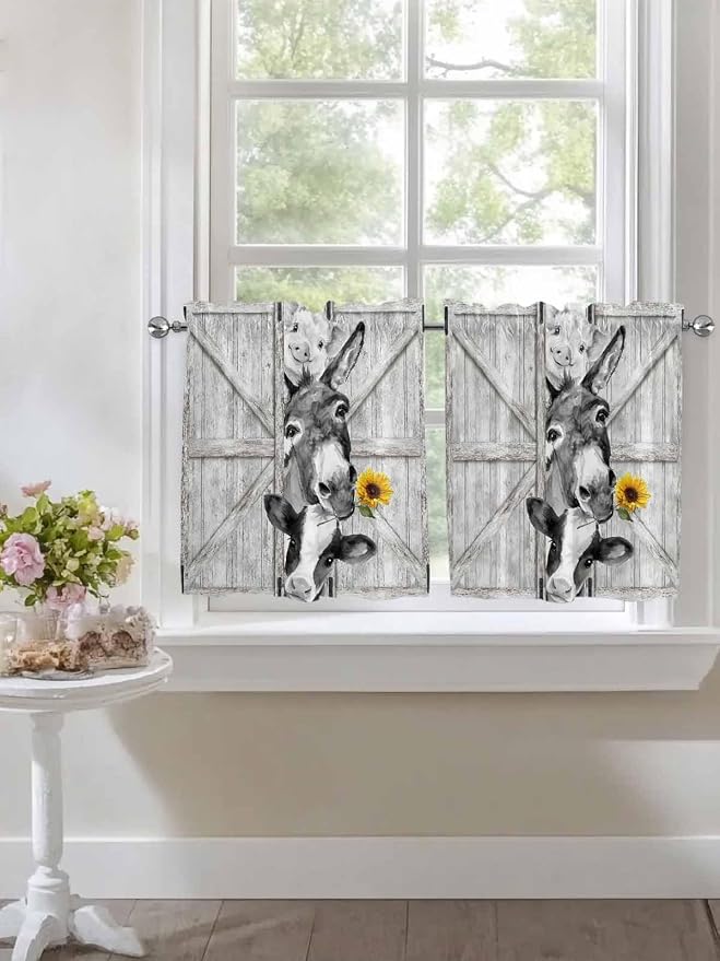 Grey Farmhouse Half Window Curtains 24 Inches Long, Vintage Sunflowers Animals - Image 7