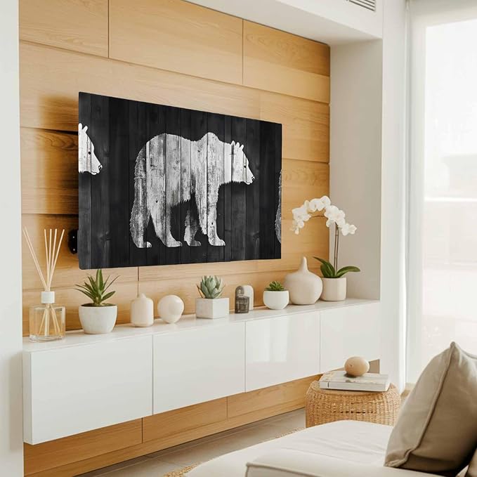 Brown Bear Silhouette Indoor TV Cover, Elastic TV Screen Protector Retro Wooden - Image 2