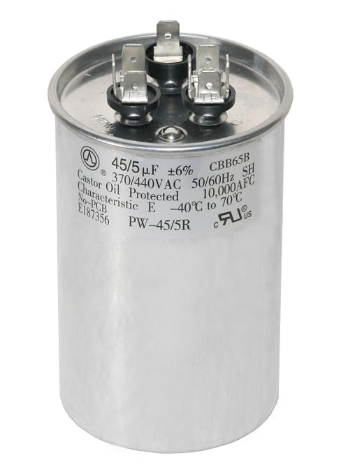 45+5 MFD 45/5 uf 370 or 440 Volt Dual Run Round Capacitor PW-45/5/R by PowerWell