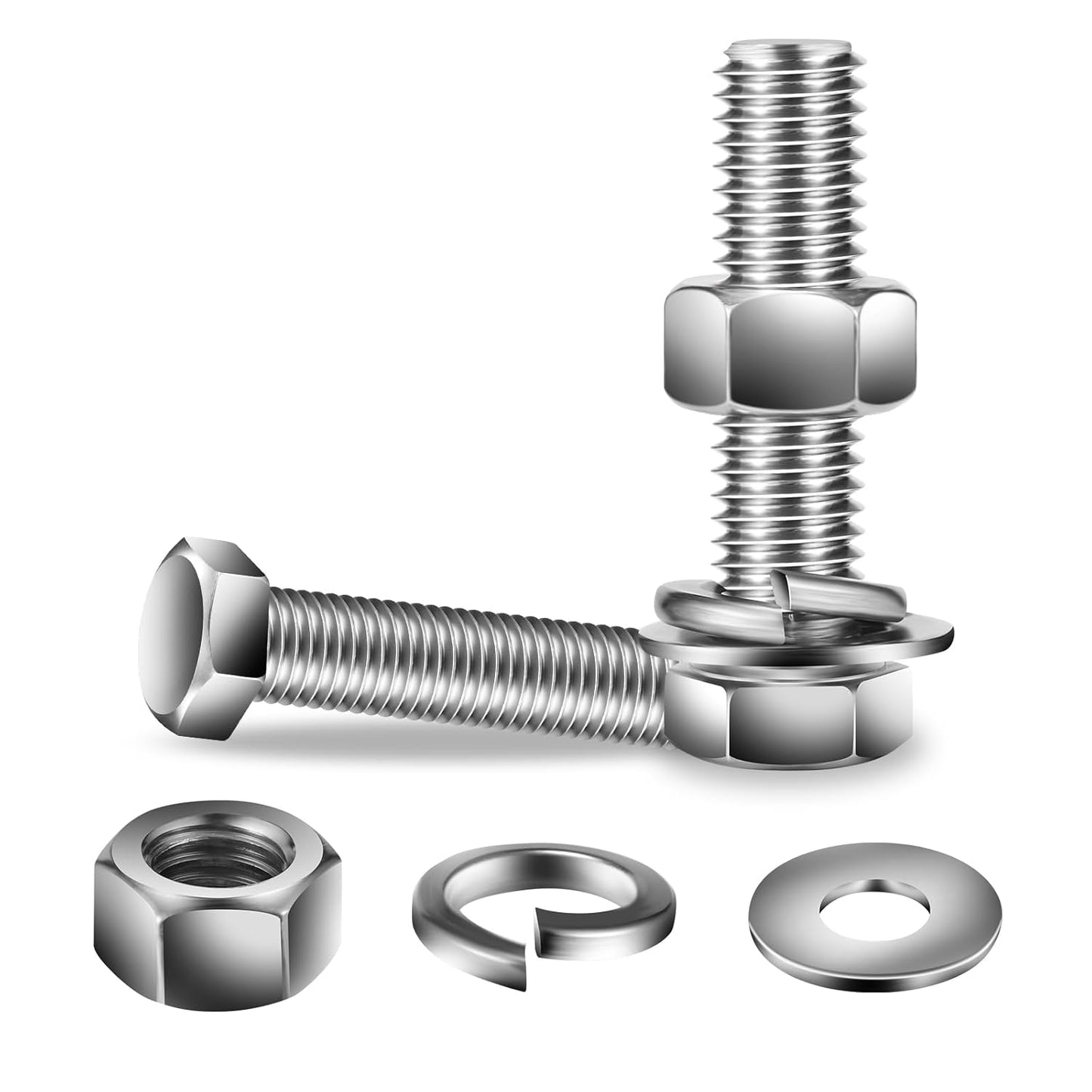 1/2-13 x 2" Hex Head Screw Bolt, Nuts, Flat & Lock Washers, 10Pcs 18-8 (304) Stainless Steel, Fully Threaded, by SG TZH