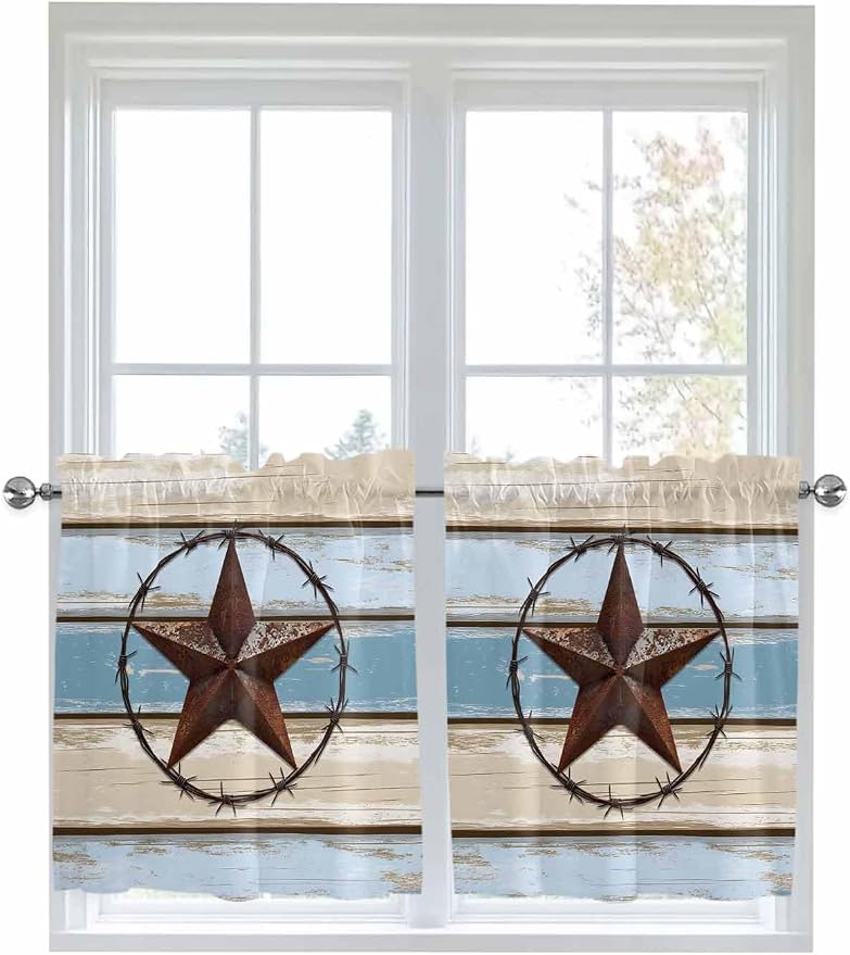 Vintage Western Star on Wood Grain Window Valance Curtains, Retro Wooden - Image 9