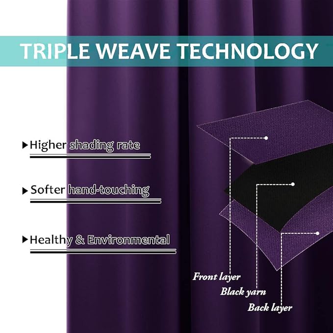 NICETOWN Truly Blackout Drapes for Living Room, Heavy-Duty Full Light Shading Curtain Set with Black Liner Backing for Villa/Hall/Dorm Window（Royal Purple, Package of 2, 52 inches W x 95 inches L