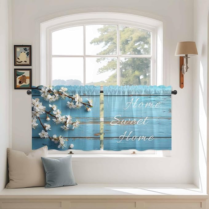 Farmhouse Wooden Grain Tier Curtains, Vintage Shabby Chic Flower Blue Light - Image 3