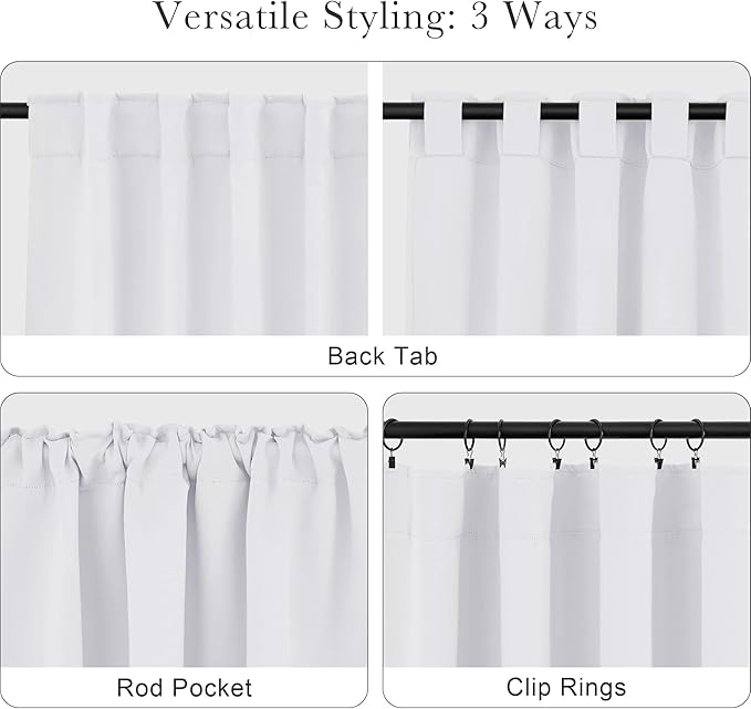 PONY DANCE White 50% Lighting Blocking Curtains for Kitchen, Short Non-See-Through Thermal Insulated Room Darkening Back Tab Small Drapes for Nursery Bedroom Window, W34 x L54, Pure White, 2 Panels