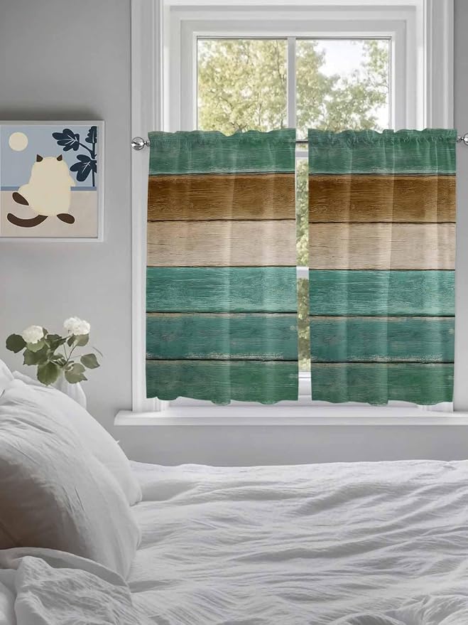 Vintage Plank Turquoise Brown Window Valance Curtains, Farmhouse Wood Grain - Image 5