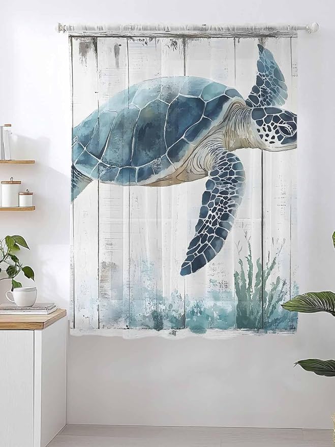 Sheer Curtains 63 Inch Length, Sea Turtle Teal Blue Semi Sheer Curtains Light - Image 2