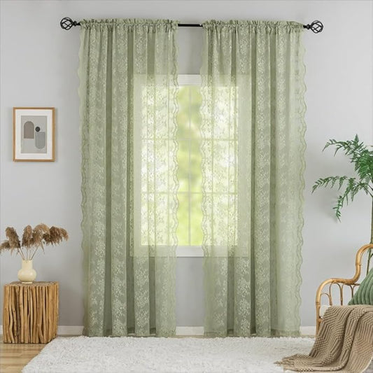 YJ YANJUN Vintage Lace Curtains 84 Inch Long- Victorian Floral Pattern Sheer Sage Green Curtains for Bedroom Living Room Kitchen Hallway 2 Panels Set Rod Pocket Spring Summer Boho Decor 52Wx84L
