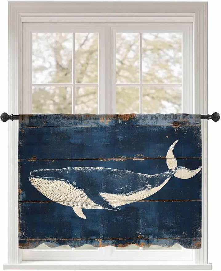 Sheer Curtains 54 Inch Length, Summer Whale Blue Semi Sheer Curtains Light by Unknown