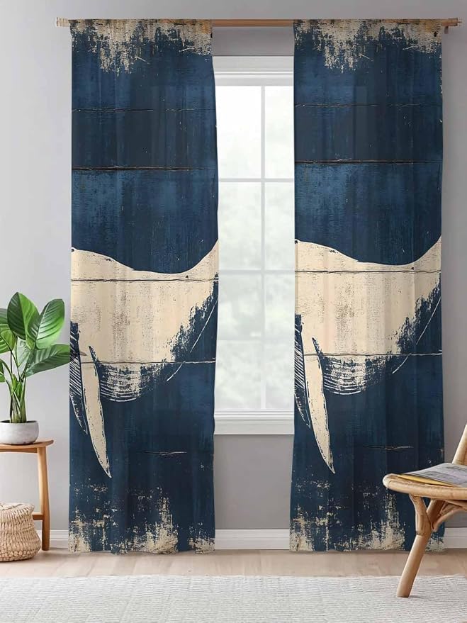 Sheer Curtains 96 Inches Long, Ocean Whale Blue Semi Sheer Curtains Light - Image 5