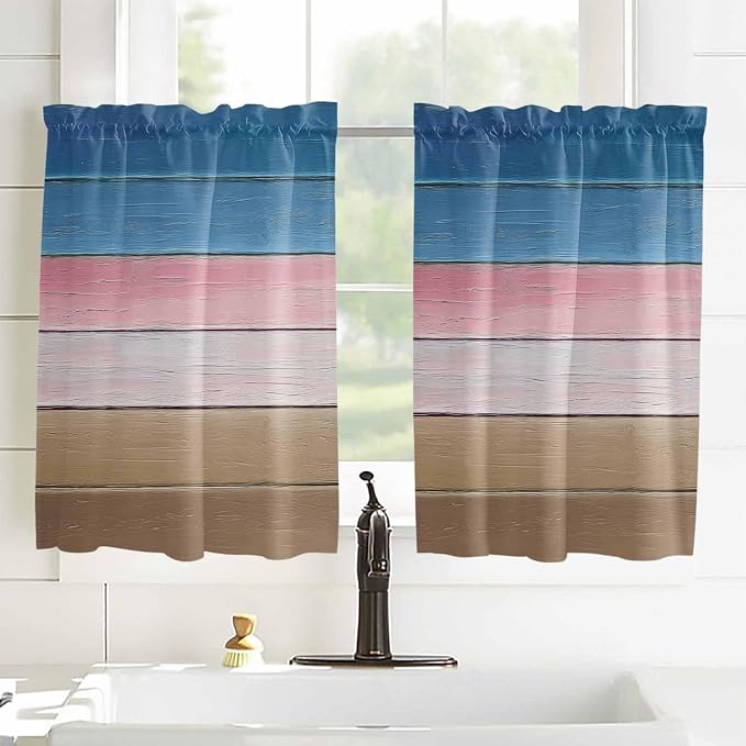 Blue Pink Brown Gradient Wood Grain Window Valance Curtains, Vintage Wood Board - Image 4