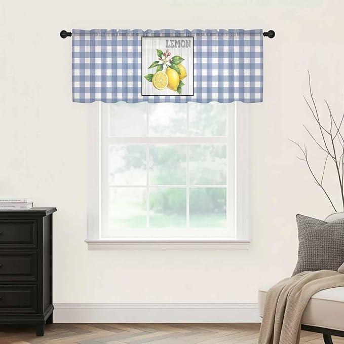 Lemon Sheer Valance Curtains, Summer Fruit Floral Wood Grain Blue Plaid Light - Image 5