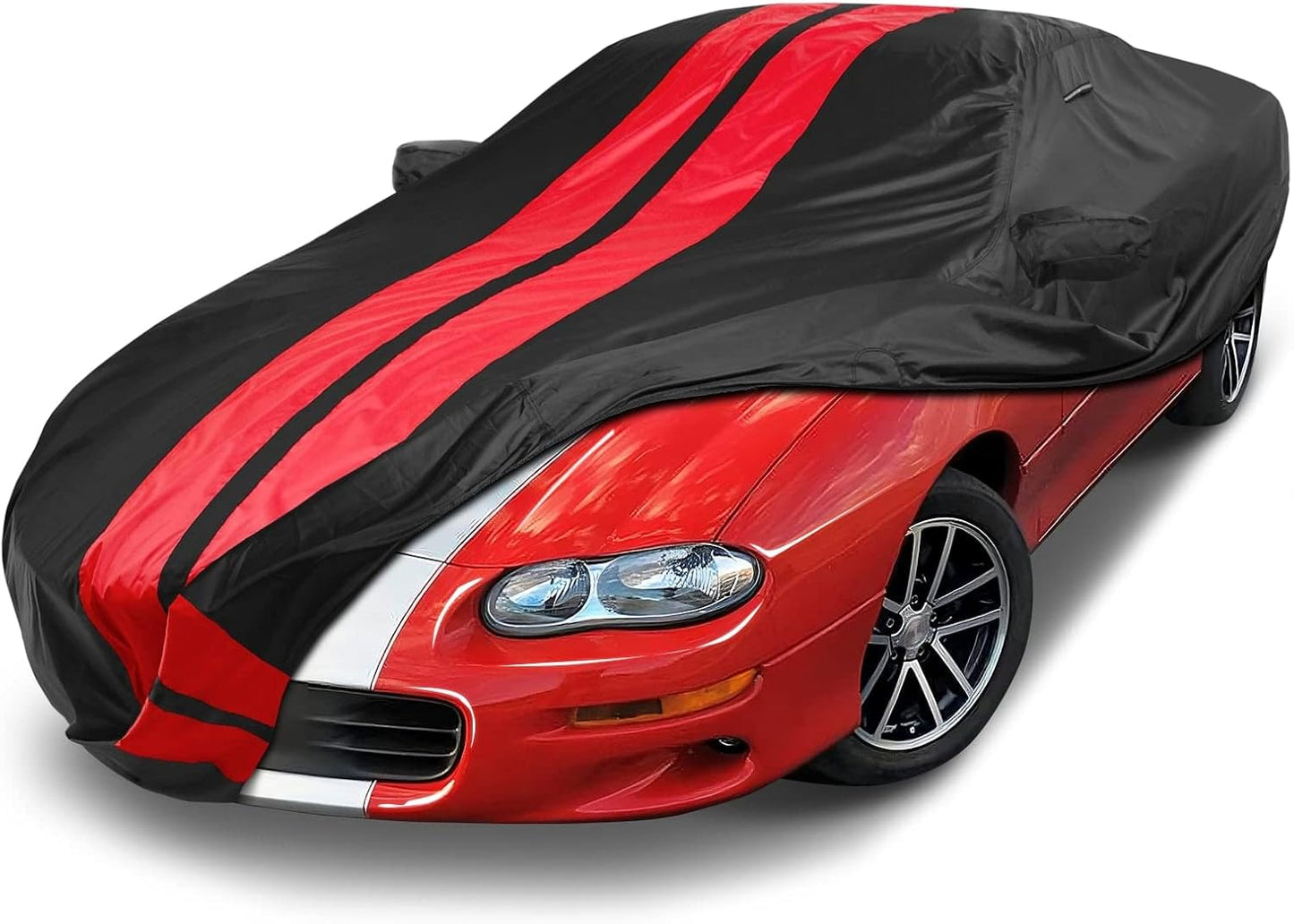 iCarCover Custom Car Cover Compatible with Camaro 1993-2002, Waterproof All Weather Rain Snow UV Sun Protector Full Exterior Indoor Outdoor Car Covers, Stripe (Black/Red)
