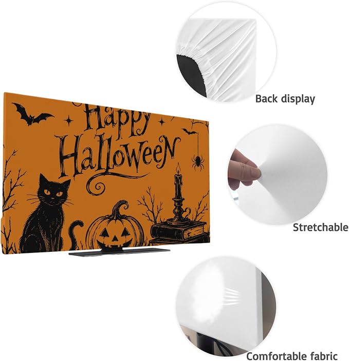 Halloween Black Cat Pumpkin Dead Trees Indoor TV Cover, Elastic TV Screen - Image 7