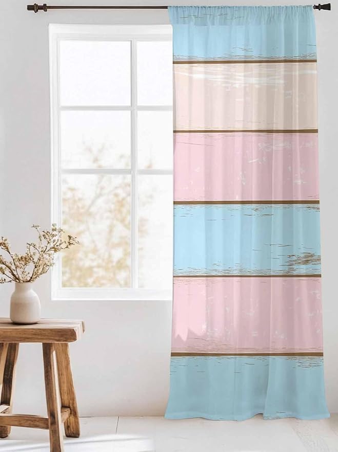 Sheer Curtains 96 Inches Long, Farmhouse Country Shabby Striped Privacy Voile - Image 3