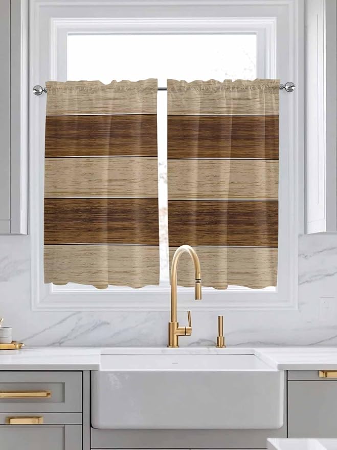 Retro Country Brown Wooden Board Window Valance Curtains, Farmhouse Gradient - Image 2