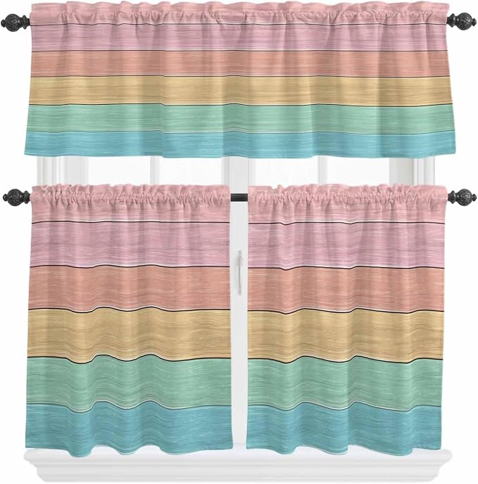 Kitchen Window Curtains Valance and Tier Set, Farm Colorful Wooden Plank Rod - Image 2