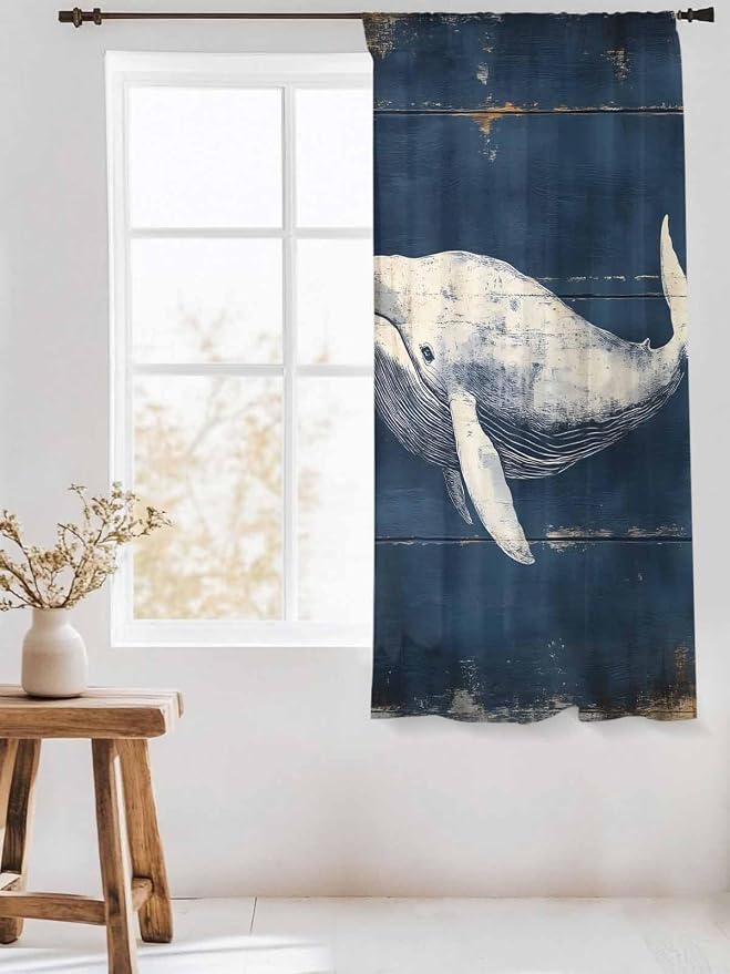 Sheer Curtains 63 Inch Length, Ocean Vintage Whale Semi Sheer Curtains Light - Image 3