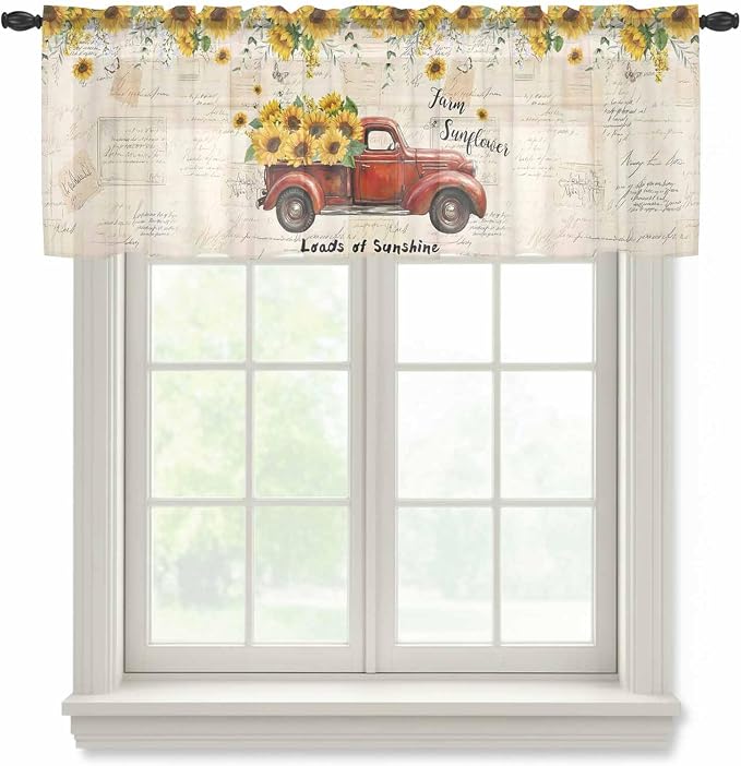 Farmhouses Sunflowers Sheer Valance Curtains, Retro Floral Leaves Red Truck by Houseown