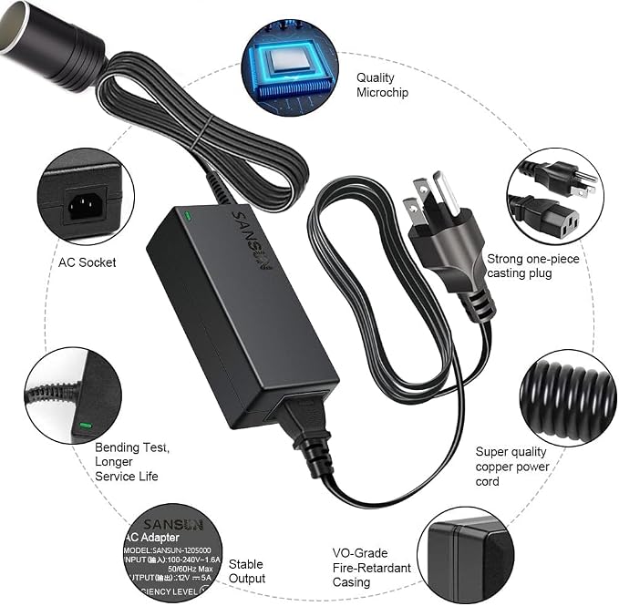 AC to DC Converter 5A Car Cigarette Lighter Socket, SANSUN 120V to 12V Supply - Image 2