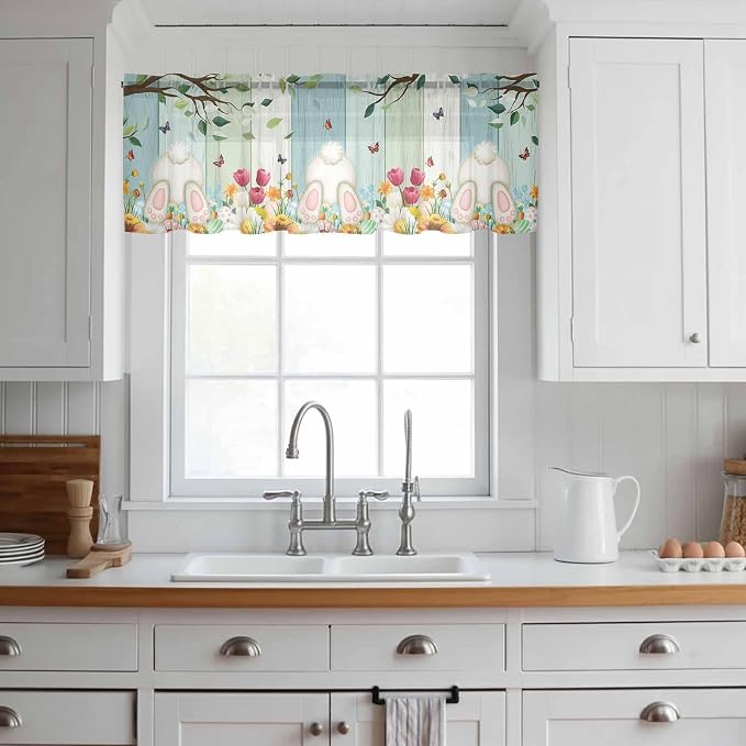 Easter Sheer Valances for Windows 42"x18", Light Filtering Kitchen Curtains - Image 3