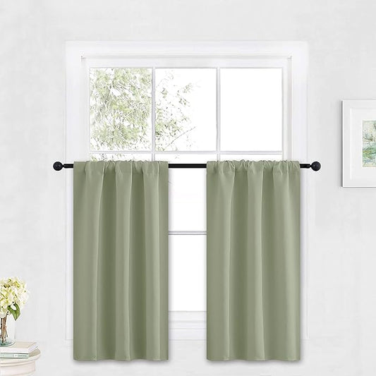 RYB HOME Kitchen Blackout Curtains Over Sink 36 inch Length, Rod Pocket Summer Light UV Blocking Energy Efficient, Cabinet Shelf Cupboard Coverings, Width 29 by Length 36, Sage Green, 2 Panels