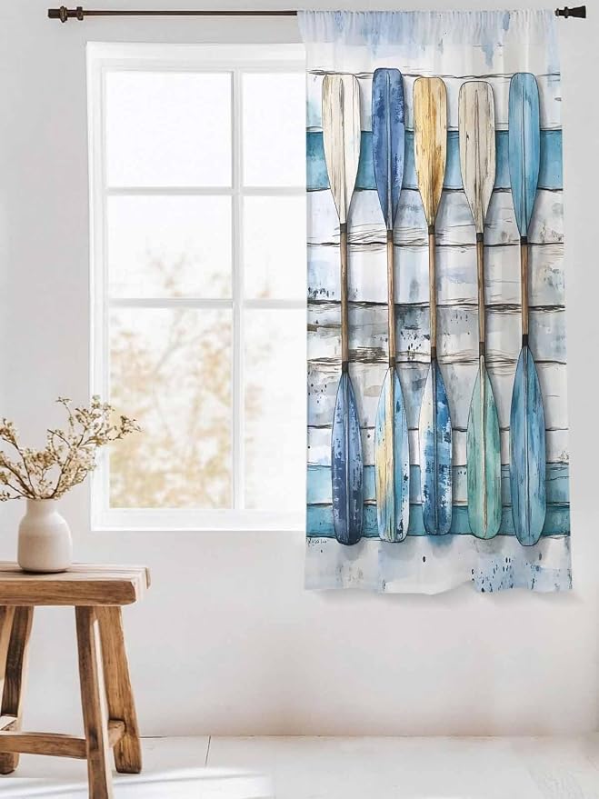 Sheer Curtains 63 Inch Length, Lake Paddle Striped Semi Sheer Curtains Light - Image 3