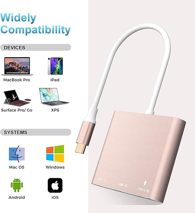 Battony Rose Gold USB C to HDTV Adapter Type-C Multiport AV Converter - Image 3