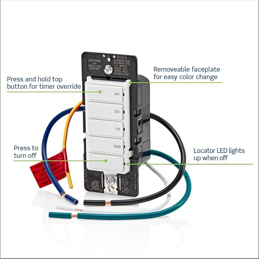 Leviton Countdown Switch for lights, pool pumps, 30 min, 1-2-4 hour, Neutral - Image 2