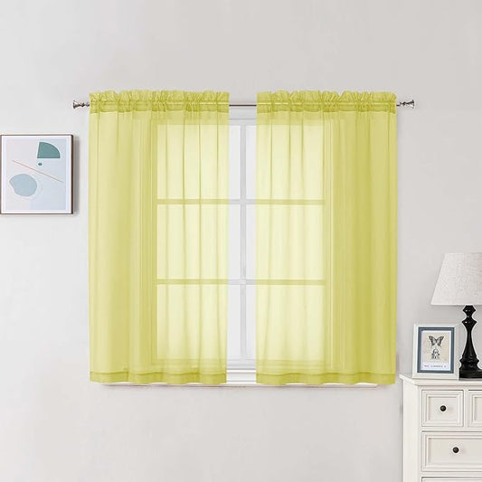 Chyhomenyc Sheer Curtains 54 Inch Long 2 Panels Set, Light Filtering Short Soft Airy Short Cafe Curtains, Modern Rod Pocket for Dinning Living Room Bedroom, Each 42Wx54L in, 2PCS, Lemon