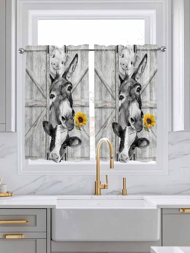 Grey Farmhouse Tier Curtains 45 Inches Long, Vintage Sunflowers Animals Printed - Image 3
