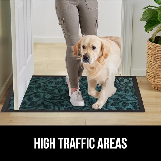 GORILLA GRIP 100% Waterproof All-Season WeatherMAX Doormat, US Designed Natural Rubber, Stain and Fade Resistant, Low Profile Indoor Outdoor Door Mats, Easy Clean Patio Mat, 29x17, Moss Vine Leaves
