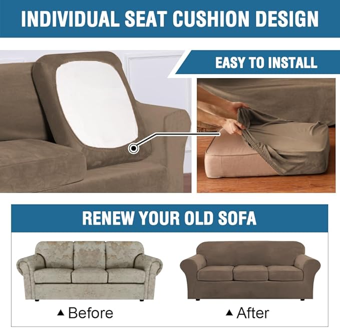 H.VERSAILTEX Rich Velvet Stretch 2 Piece Cover Chair Slipcover Sofa Cover Furniture Protector Couch Soft with Elastic Bottom Chair Couch Cover Width Up to 49 Inch (Chair, Mocha)