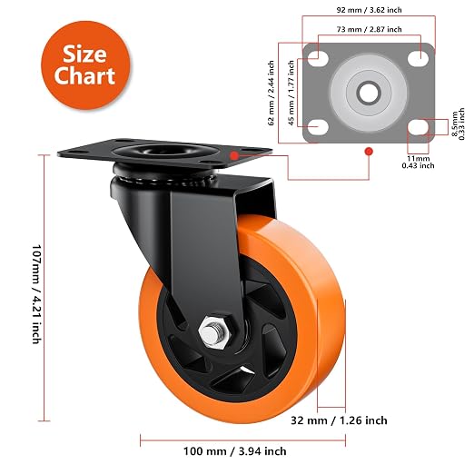 4" Swivel Plate Casters Set of 8 Heavy Duty 1200 lbs | Orange PU, Non-Marking - Image 2