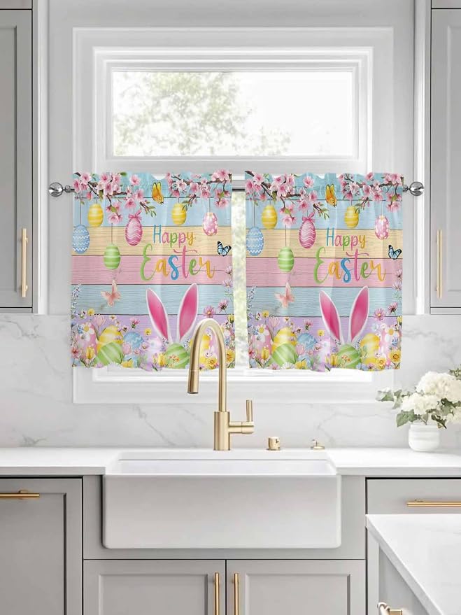Colorful Easter Half Window Curtains 24 Inches Long, Spring Watercolor Bunny - Image 3